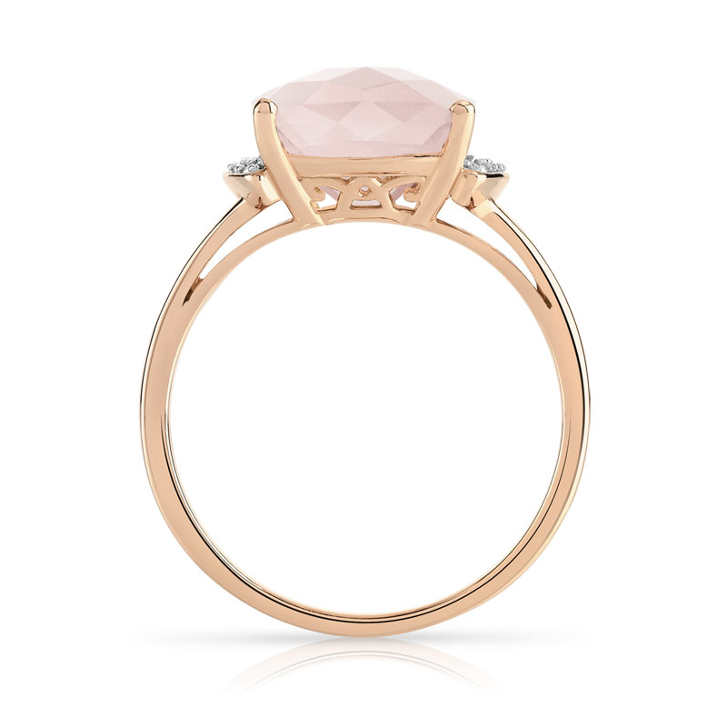Bague or 375 rose quartz rose rectangulaire et diamants