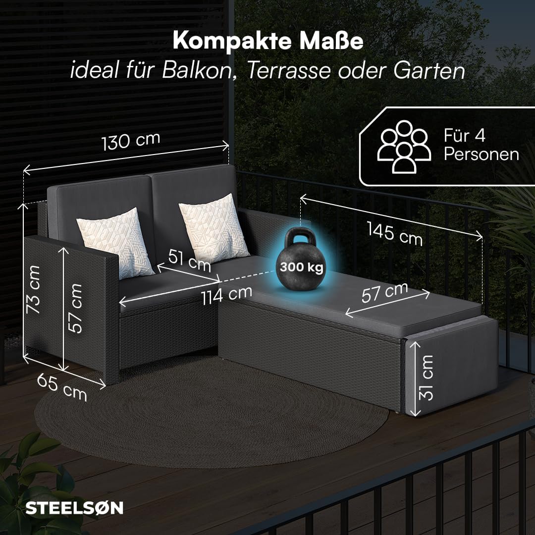 STEELSØN Gartenbank Elnath 2in1 Polyrattan, Gartensofa für 2 Personen mit Liegefunktion, Balkonmöbel mit Hocker 2er Sofa mit Polster wetterfest, Terrassenmöbel in schwarz/anthrazit 73x65x130 cm HxTxB