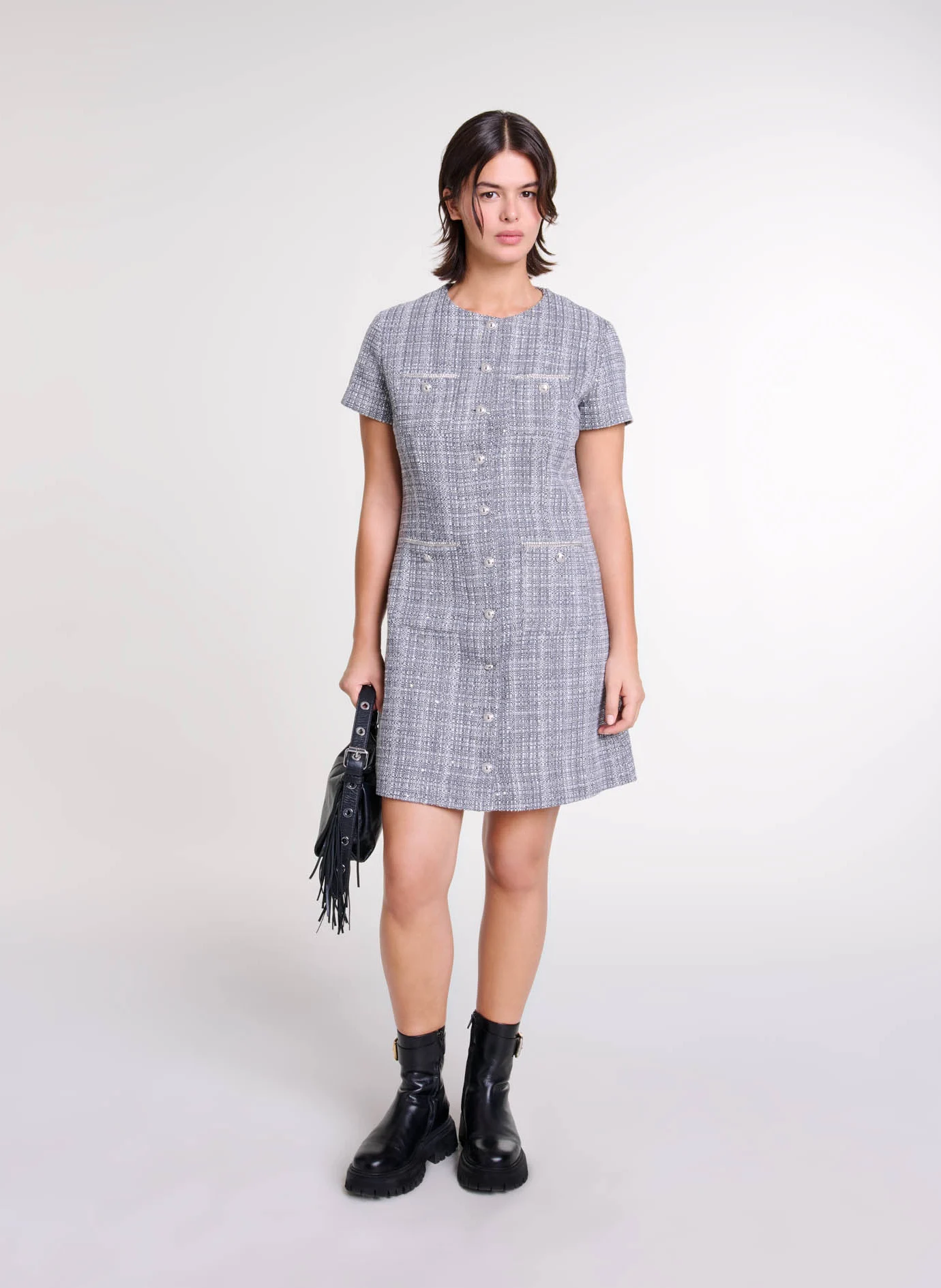 Robe courte col rond en coton mélangé | Gris