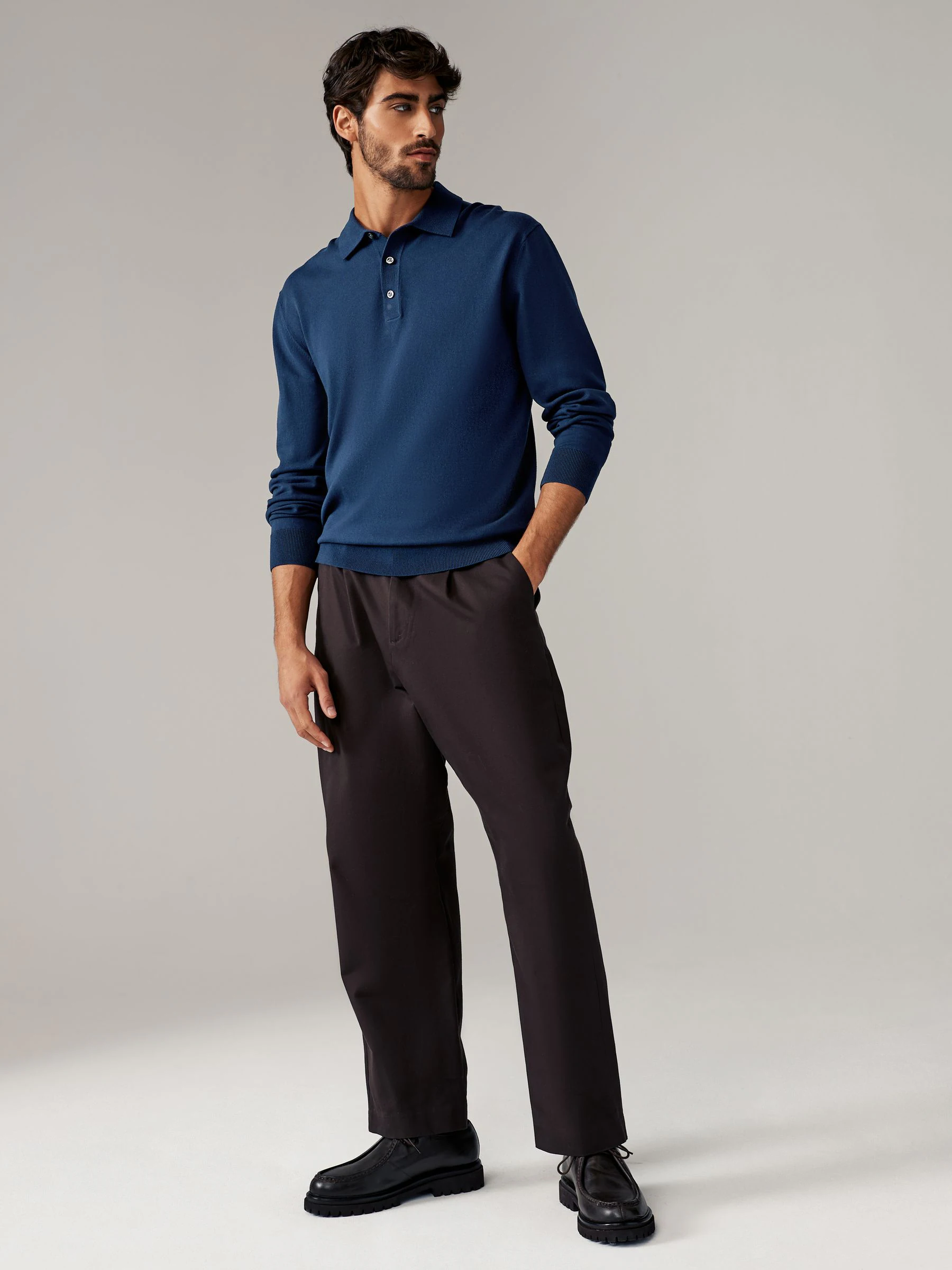 Marineblauw/naturel - Gebreide poloshirts met lange mouwen 2 -pack
