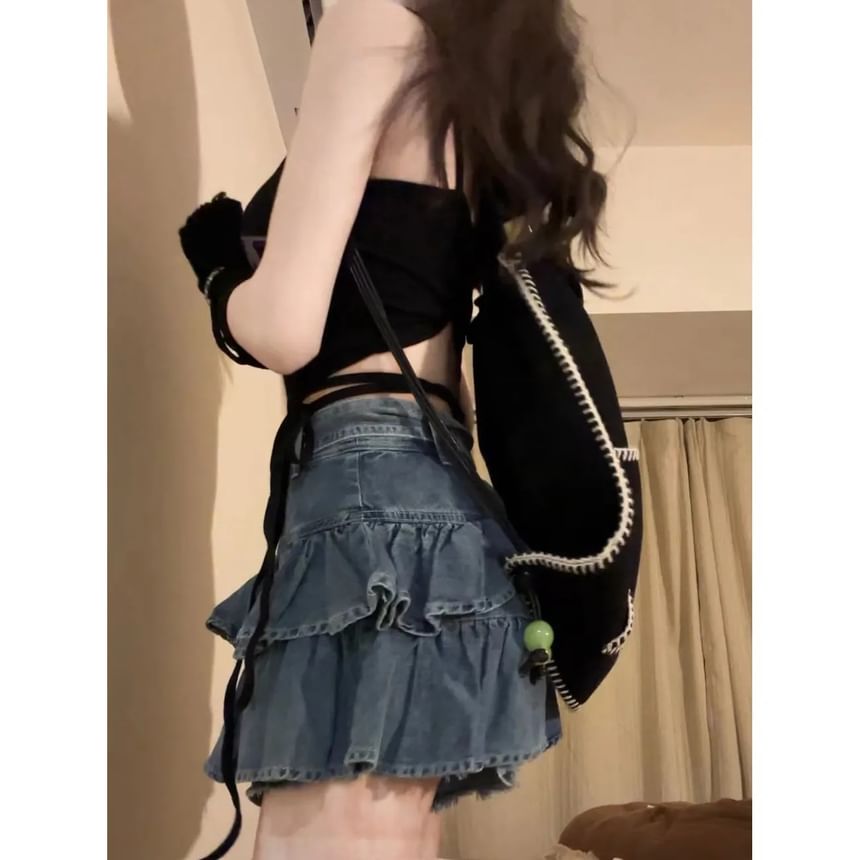 Coline - Minirok van gelaagd denim met hoge taille