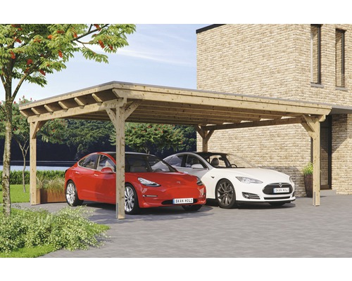 Konsta dubbele carport met aluminium dakpanelen inclusief H-ankers, 618x500 cm, natuurlijke afwerking
