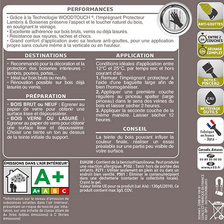 Imprégnant protecteur lambris et boiseries V33 bois clair mat 1L