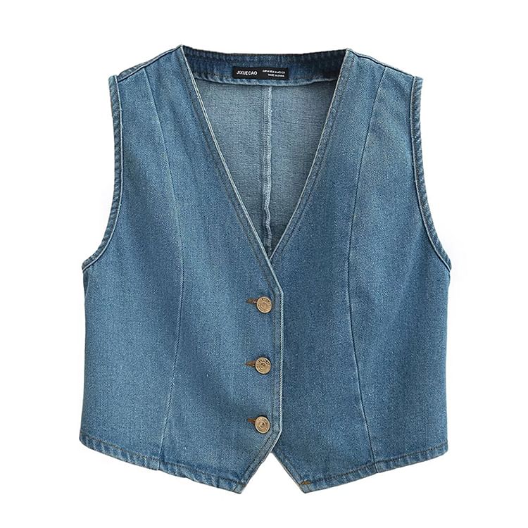 SugaYuja - V-hals gewassen denim vest met knopen
