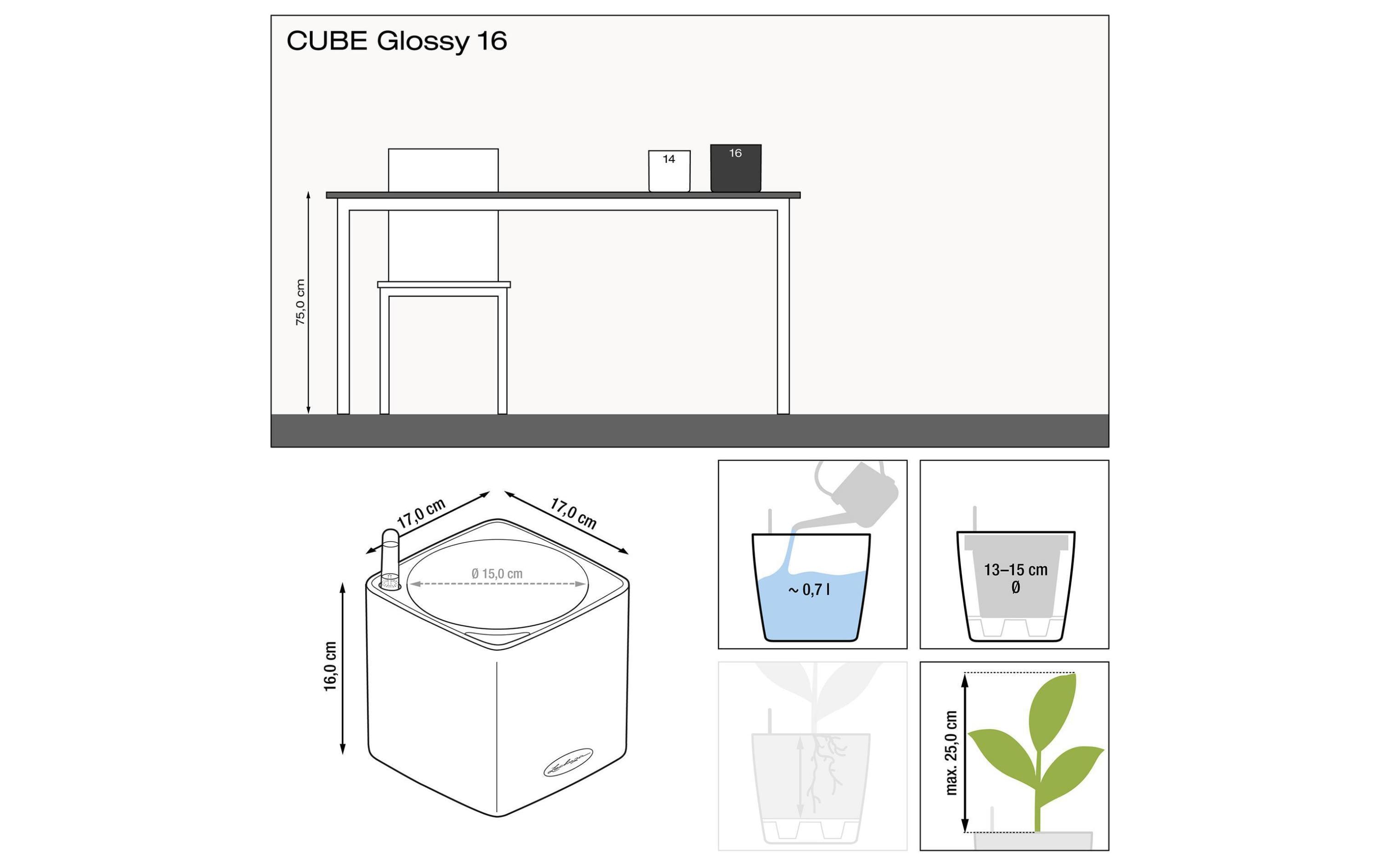 Blumentopf CUBE Glossy 16 Schwarz glanzTopf