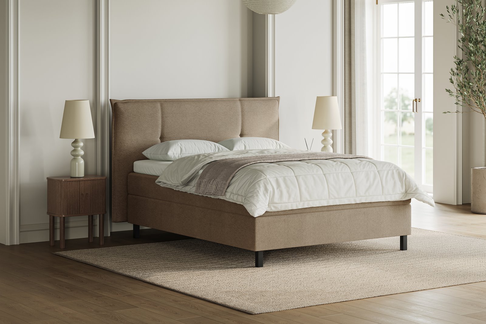 XOV Premium 15 Kontinentalseng 160x200 cm i tekstil copenhagen 904 beige, fast/fast med Premium 15 overmadrass og sort firkantede ben, gavl selges separate
