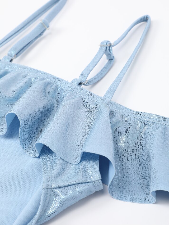 Conjunto de biquíni brilhante com babados e elástico de cabelo - Azul Marinho Escuro