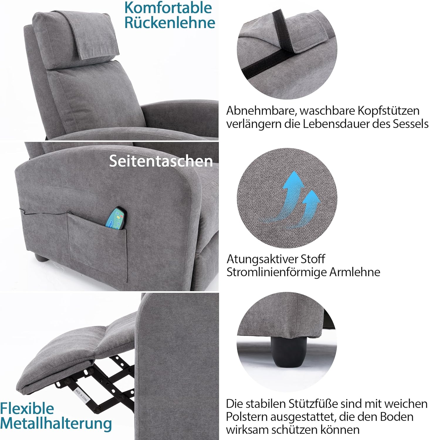 Relaxsessel Ergonomisch Massagefunktion, Einzelsofa Liegefunktion mit Heizung, Lesesessel Fernsehsessel Körper Vibration Sessel, Gesund Loungesessel Polstersessel, 67.5X87X100 cm (Hellgrau)