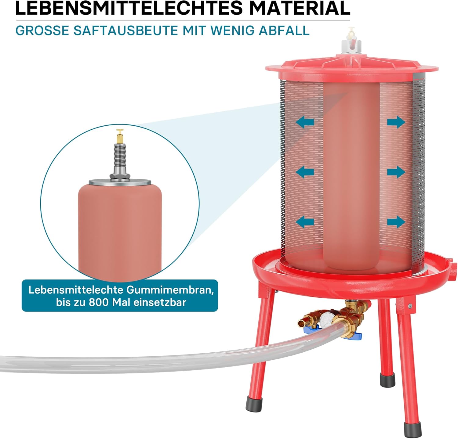 Wiltec Edelstahl Hydropresse mit 40 Liter Korbinhalt, Wasserdruckpresse mit 3 bar zum Pressen von Obst