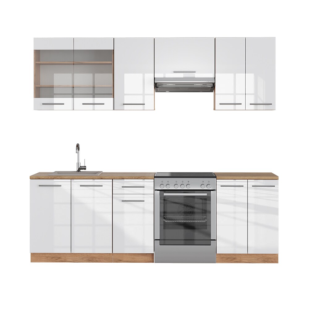 Vicco Küchenzeile Küchenblock Einbauküche Fame-Line Eiche Weiß 240 cm modern Küchen Schränke Spülenunterschrank Schubunterschrank Hängeschrank Hängeglasschrank Hochglanz
