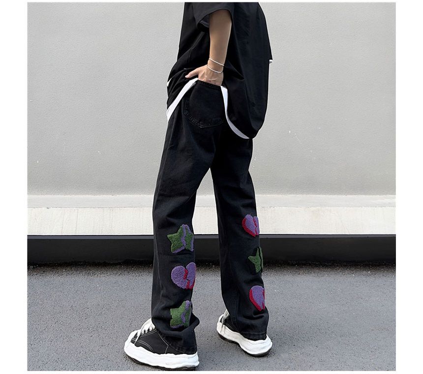 Whyessa - Hoge taille jeans met geborduurd hart en rechte pijpen