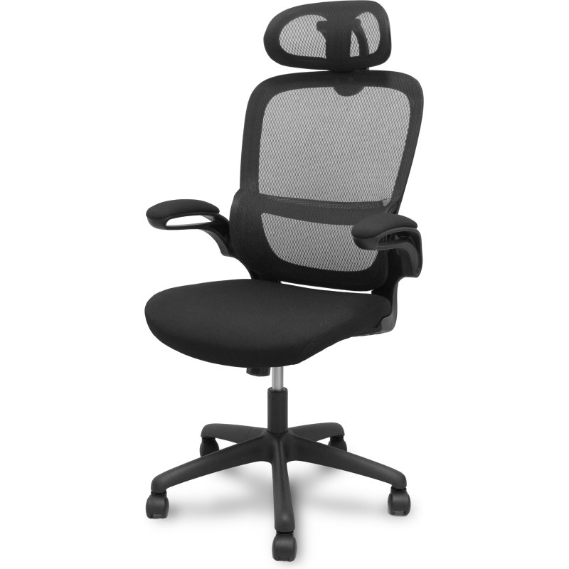 Chaise Pro525, dossier en maille noire, assise et appui-tête en tissu noir