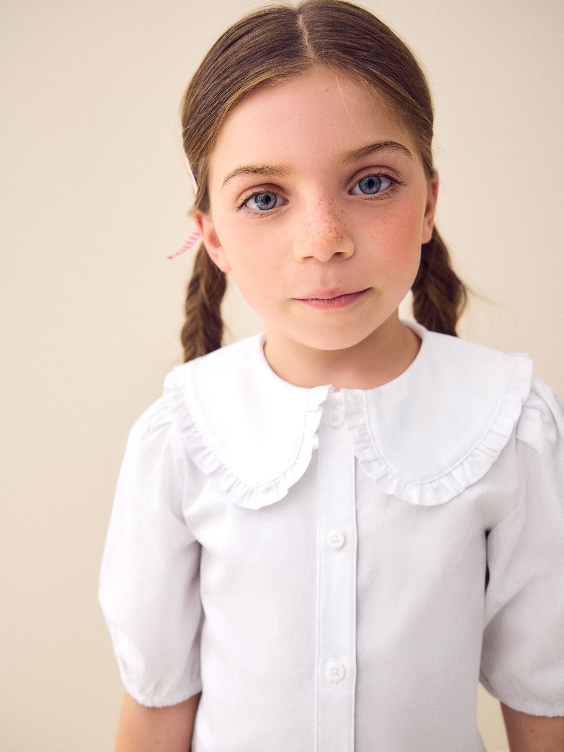 Wit - Premium schoolblouse met kraag met ruches en hoog aandeel katoen (3-14 jr)