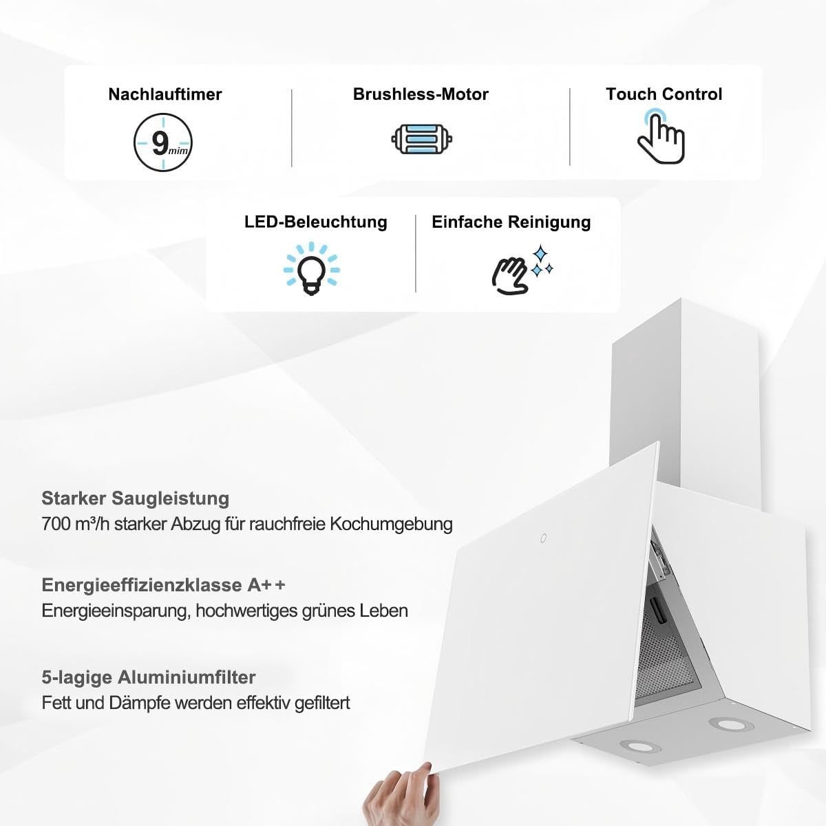 SNDOAS Dunstabzugshaube 60cm, Kopffreie Wandhaube mit 700 m³/h Starker Saugleistung, 3 Leistungsstufen, LED-Anzeige Touchscreen, Verzögerungs-Ausschaltfunktion, Abluft/Umluft, Weiß