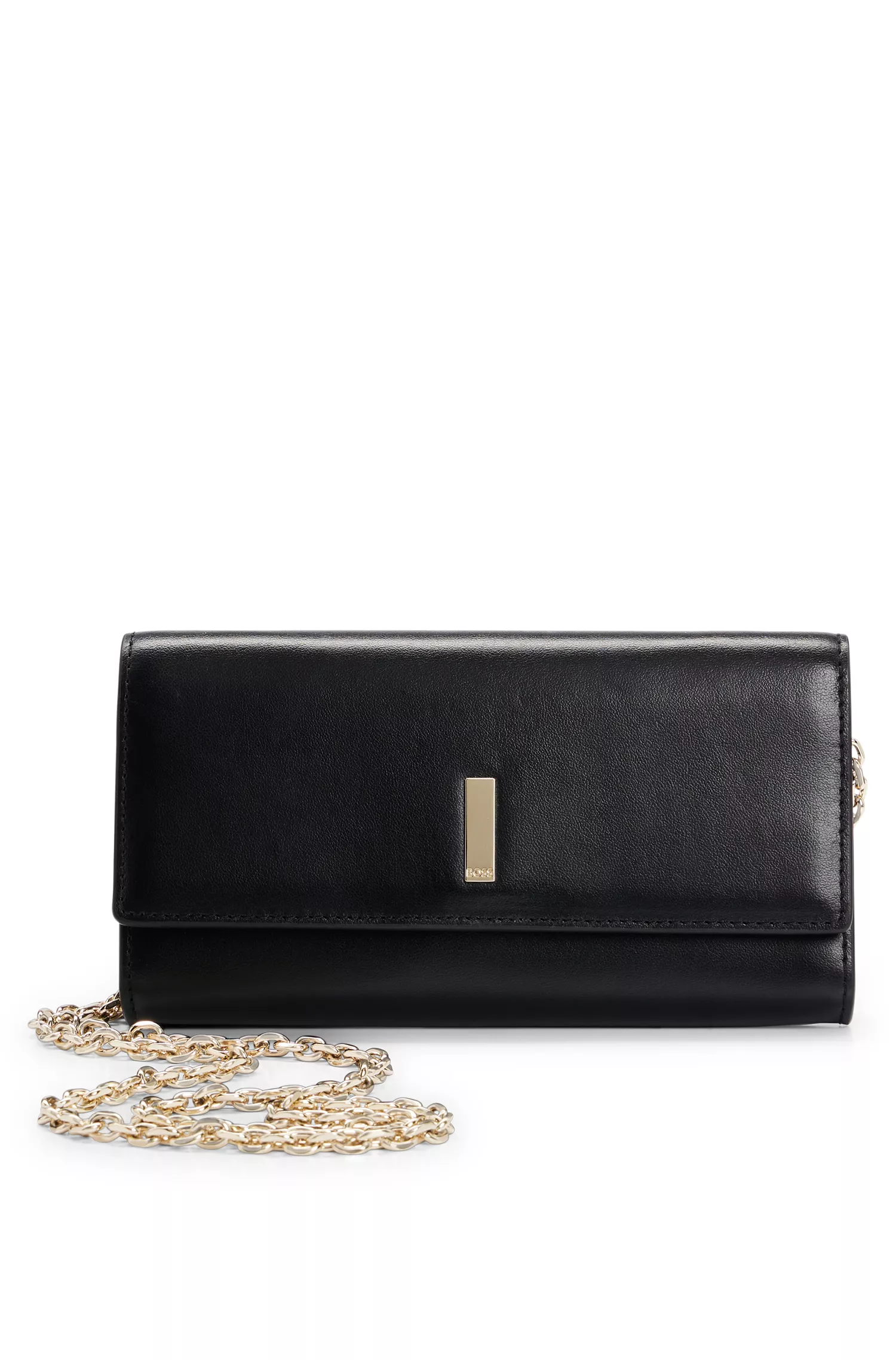 Bolsa carteira BOSS em couro preto com detalhes da marca.