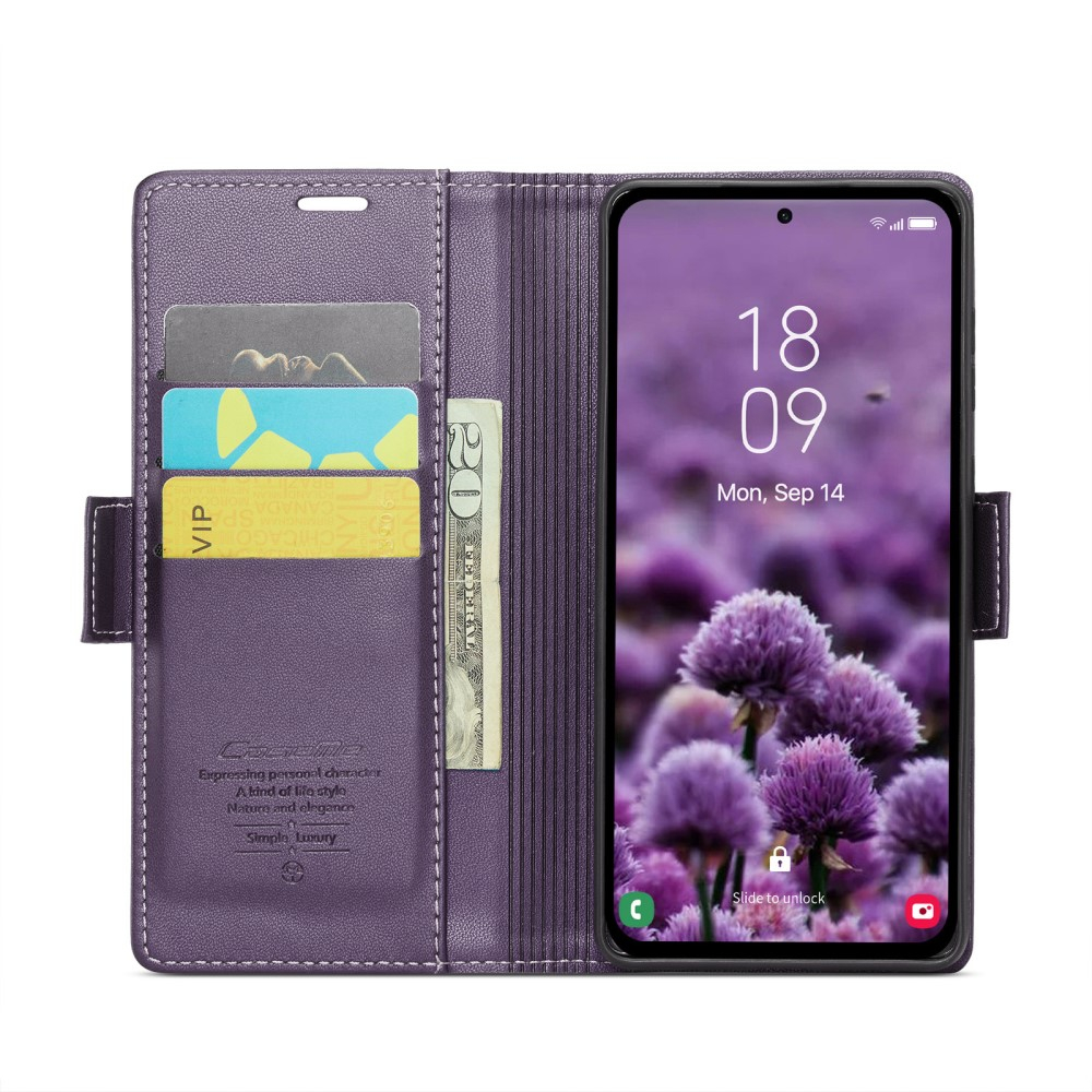 Samsung Galaxy A55 Leder Tasche Flip Wallet Etui mit Kartenfächern Litchi Look (RFID Schutz) - Violett