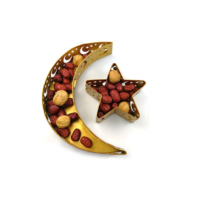 (2er Set) Edelstahl Ramadan Serviertablett Eid Mubarak Home Deko Schale Ablage Mond / Stern - Gold