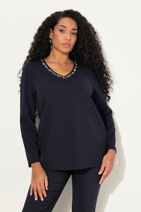 Shirt, Ziersteine, Classic, V-Ausschnitt, Langarm