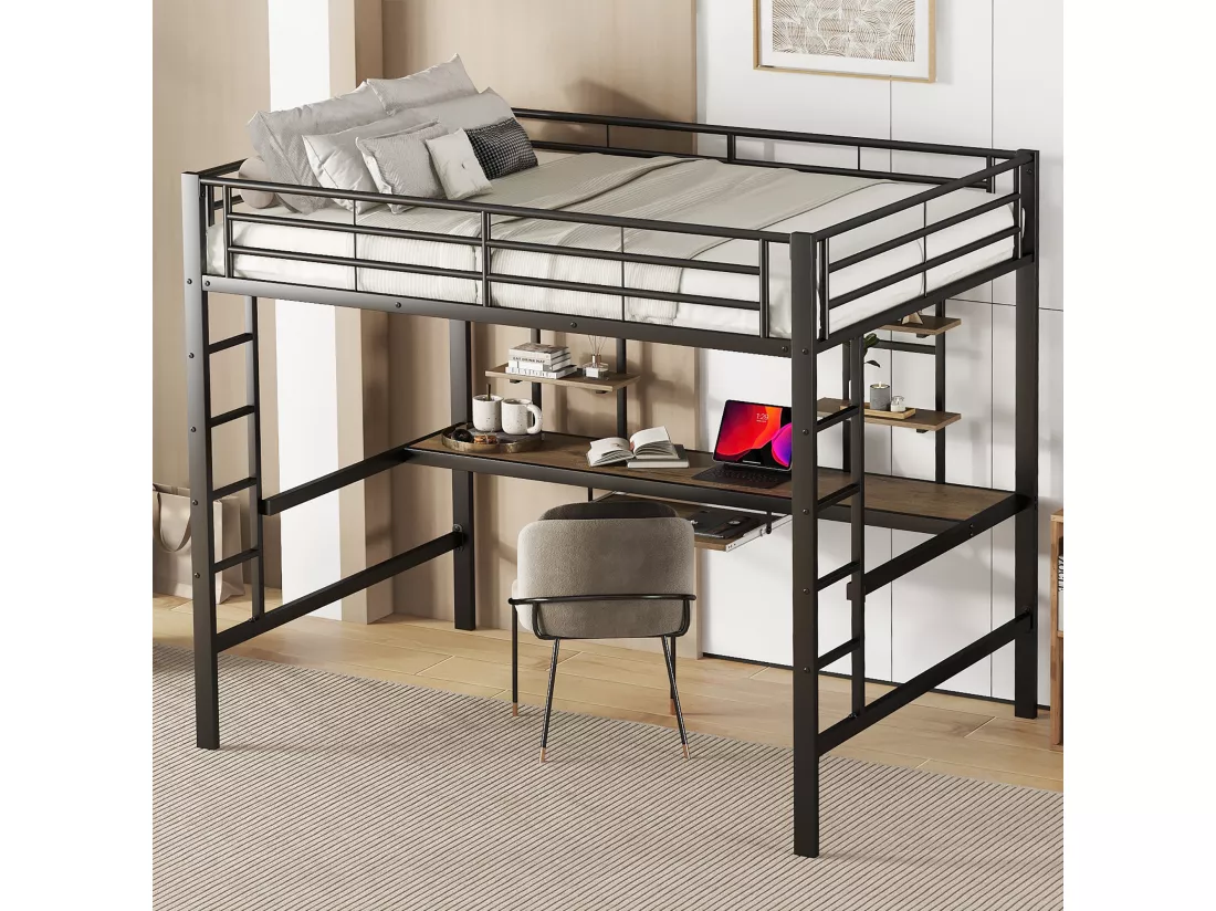 Lit mezzanine 140x200cm - avec bureau et étagères - cadre en métal - Noir