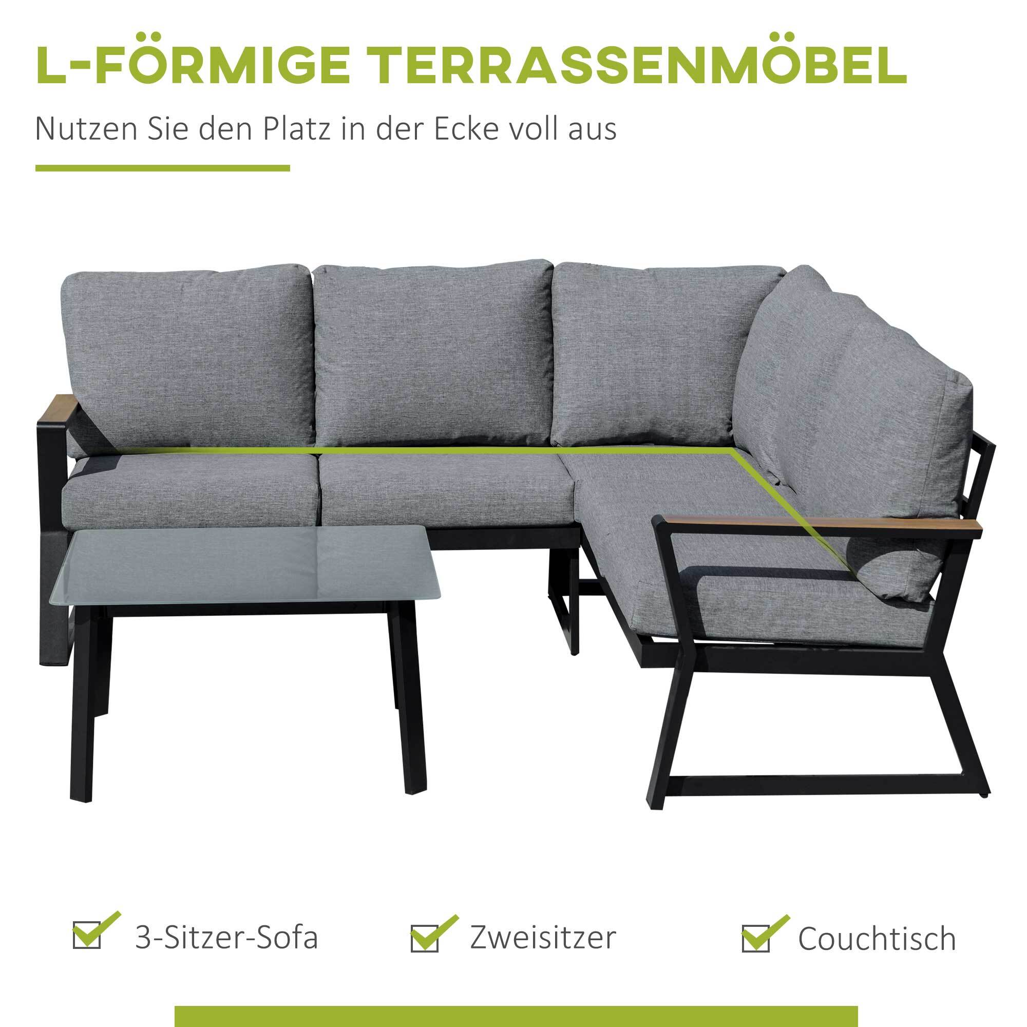 Outsunny Gartenmöbel Set mit Sitzkissen grau 205L x 72B x 73,5H cm