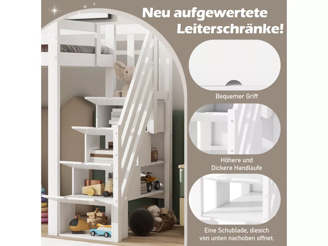 Lit mezzanine 90 x 200 cm avec armoire, 4 tiroirs et étagères de rangement - Pin + MDF - Blanc (sans matelas)