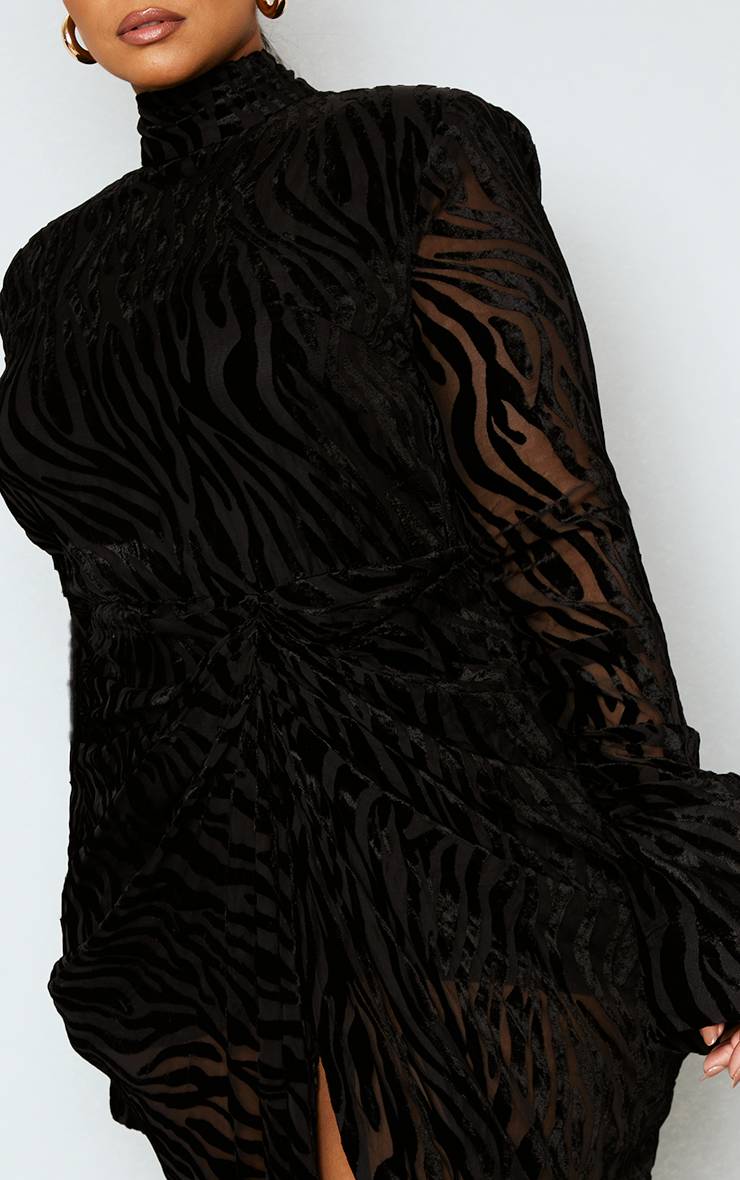 Noir Robe Midi Drapée À Col Montant En Dévoré Zébré Grande Taille
