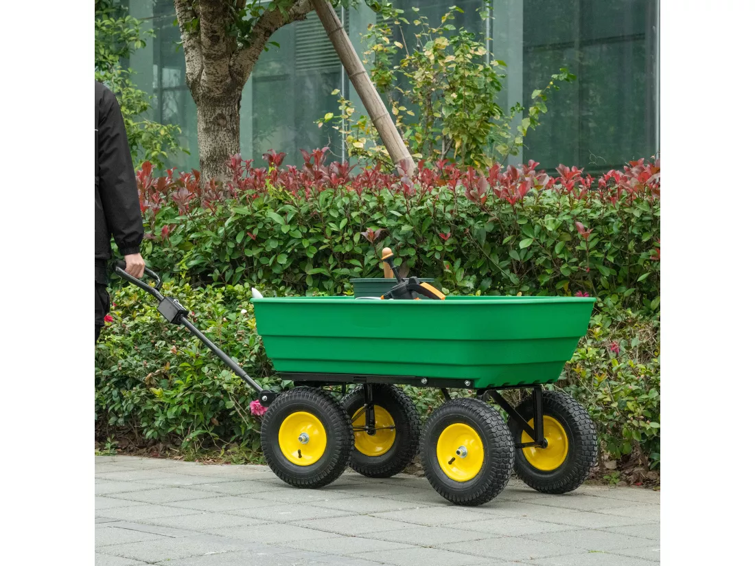 Chariot de jardin à main benne basculante 75° 125L charge max. 200 Kg 4 roues pneumatiques acier PP jaune vert
