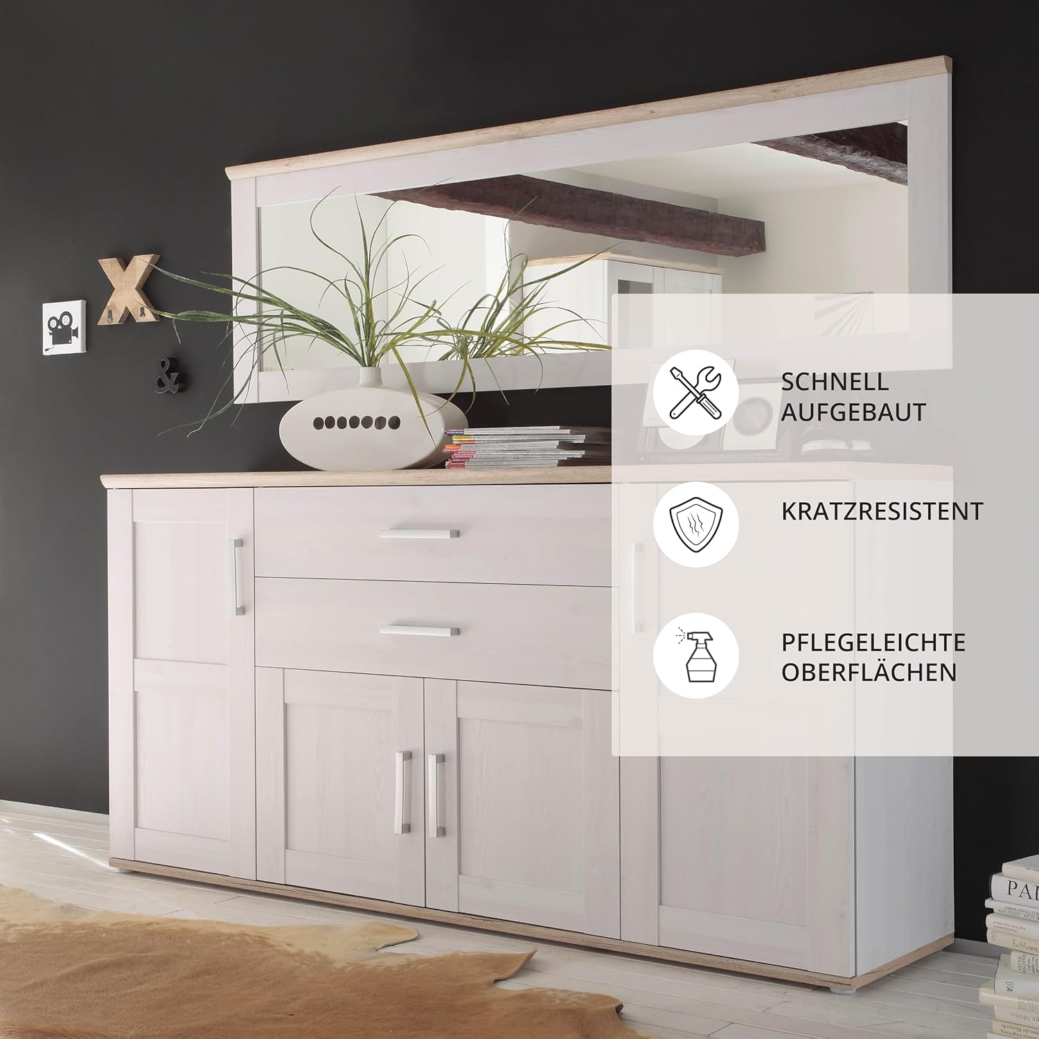 Stella Trading ROMANCE Sideboard in Sibiu Lärche / Eiche San Remo Optik - Landhausstil Kommode mit viel Stauraum für Ihr Wohnzimmer - 186 x 100 x 46 cm (B/H/T)