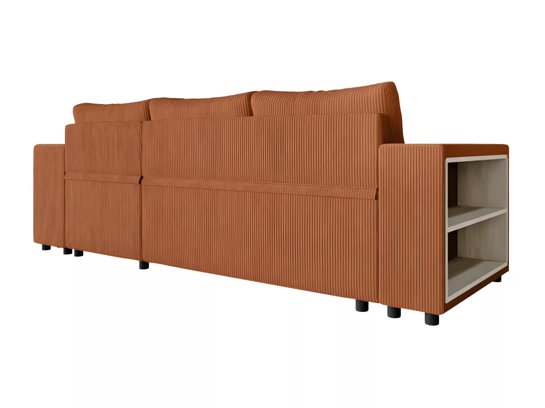 Canapé d'angle réversible Mady avec coffre, rangement poufs à droite en velours côtelé terracotta - L254 x P146 x H81cm - Loungitude