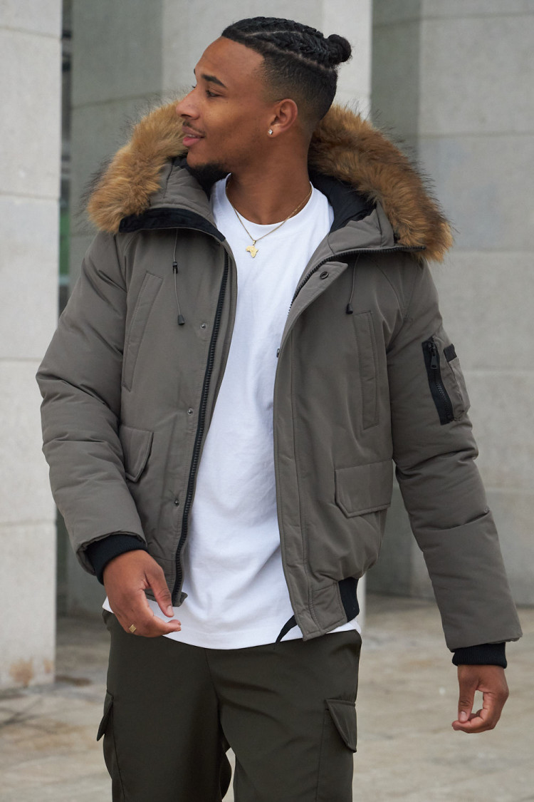 Parka bi-matière olive à capuche en fourrure