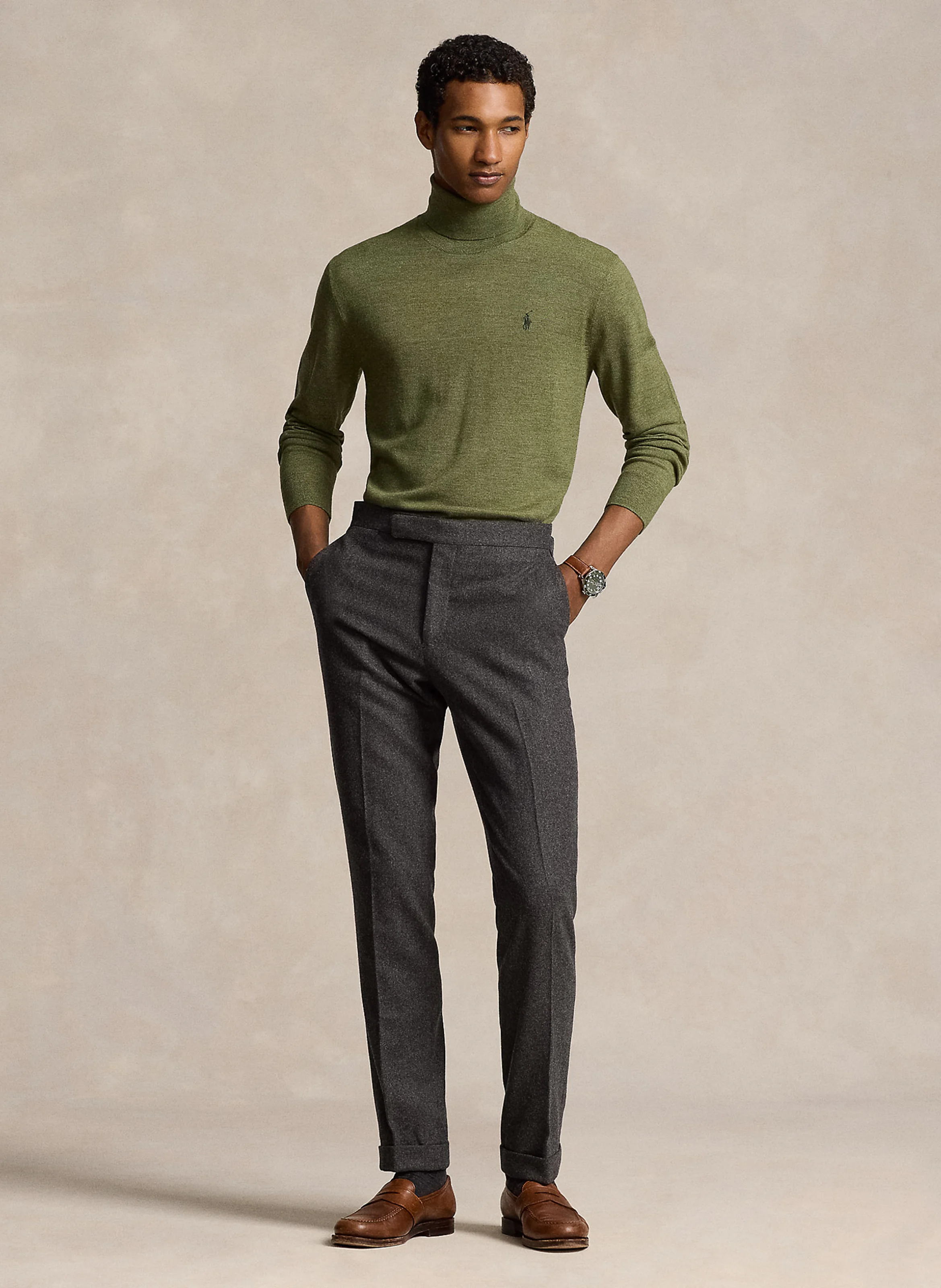 Pull col roulé brodé en laine| Vert