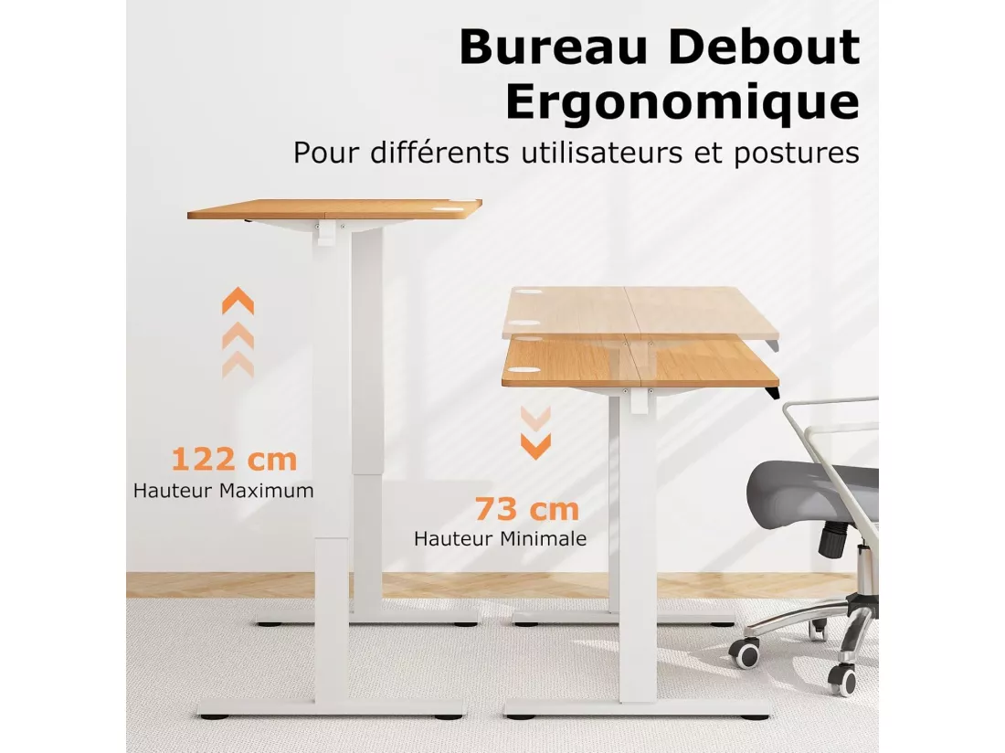 Bureau Assis Debout Électrique 120 x 60 cm, Bureau Électrique Réglable en Hauteur avec Protection Anti-Collision, 3 Hauteurs de Mémoire, Passe-câbles et Crochets (Naturel+Blanc)