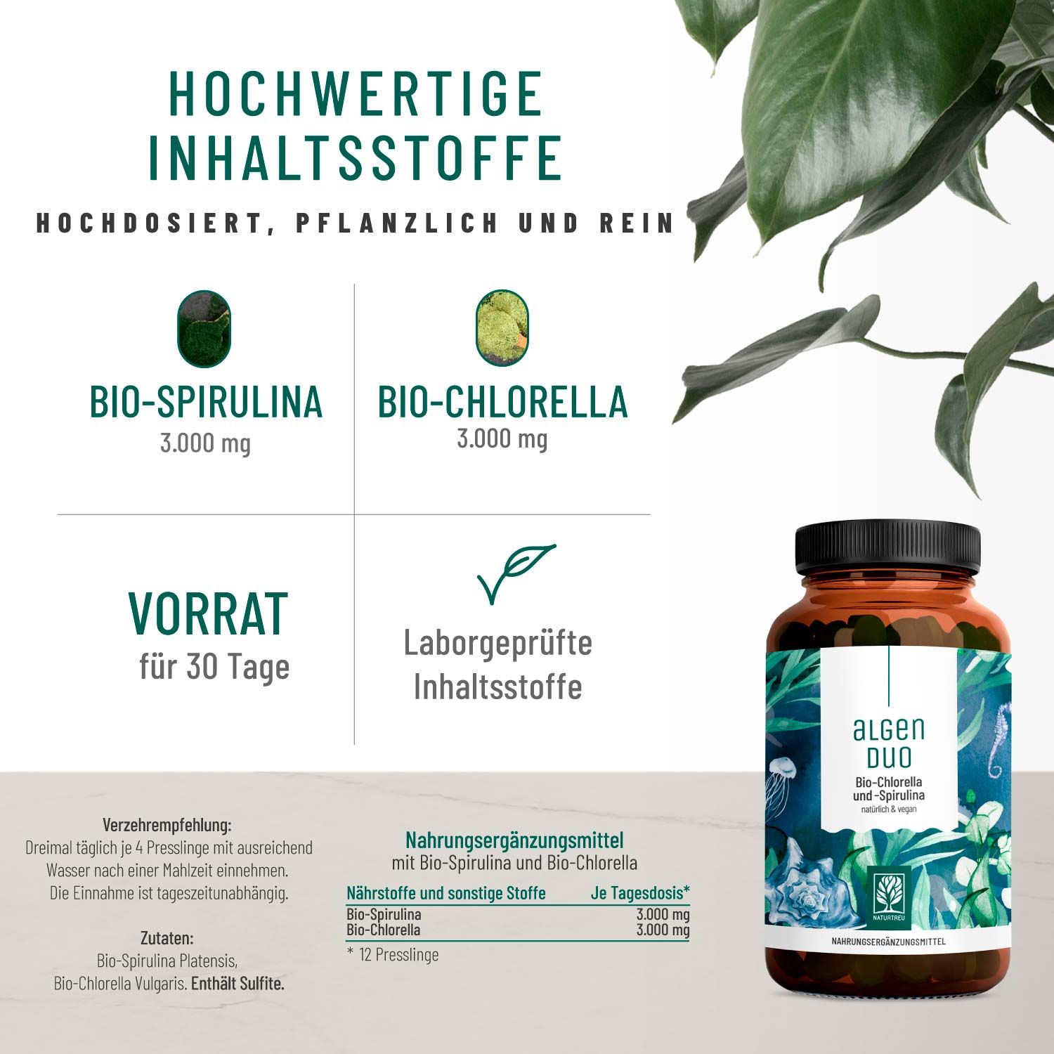 Chlorella und Spirulina Komplex Presslinge - 360 Tabletten laborgeprüft - Algenduo - NATURTREU®