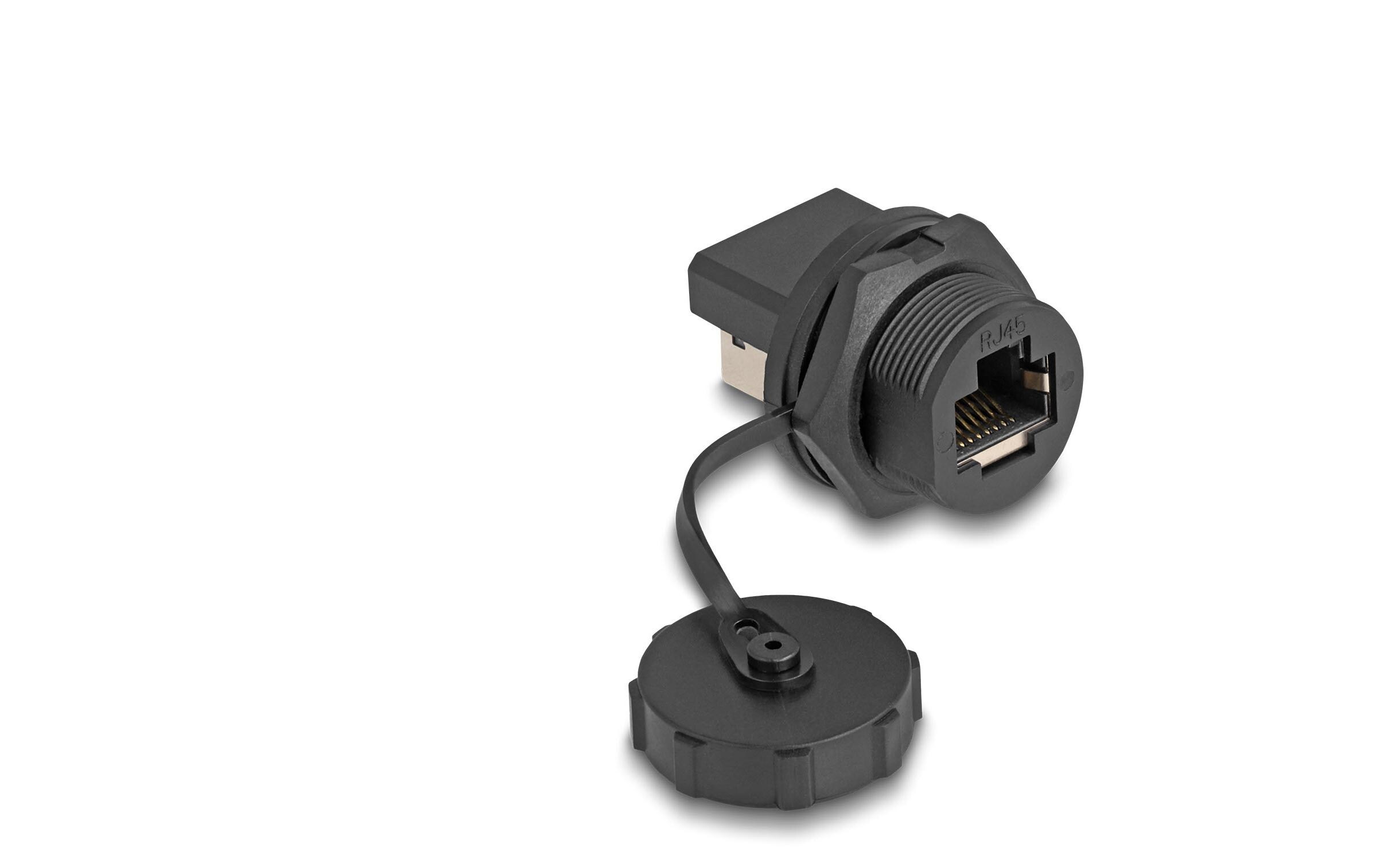Kupplung RJ45 Cat.6A mit Verschlusskappe, zum Einbau 1 StückDelock RJ45 Cat.6A Kupplung mit Verschlusskappe zum Einbau IP67 staub- und wasserdicht