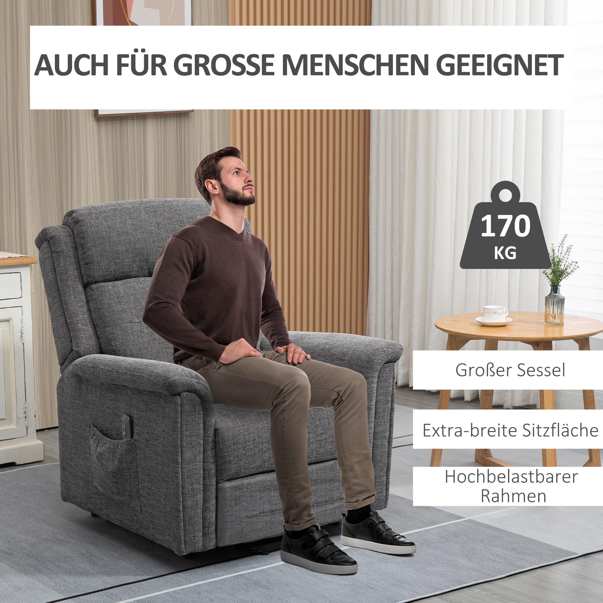 HOMCOM Aufstehsessel mit Seitentasche grau 89L x 96B x 108H cm