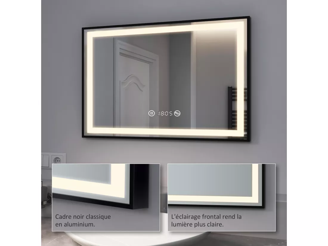 EMKE Miroir lumineux salle de bain 100x70cm, Cadre noir, Miroir LED avec Interrupteur Tactile, Anti-buée, Horloge et Température, Lumière Neutre