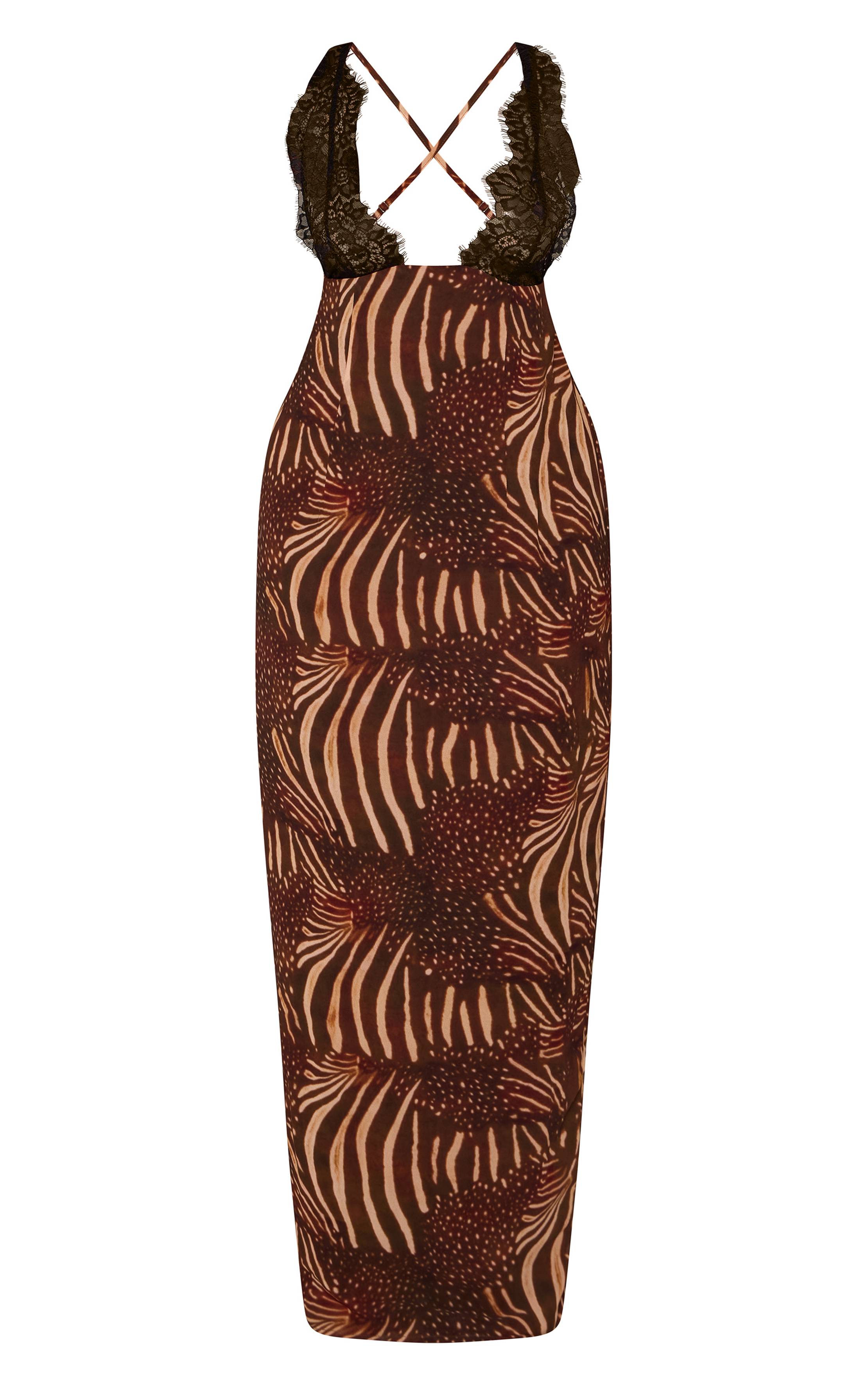 Marron Robe Maxi Ajustée À Imprimé Animal Tissé Avec Détails De Bonnets En Dentelle
