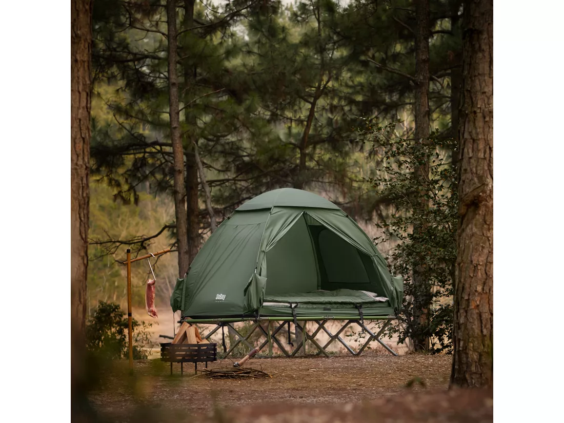 SoBuy Tente de Camping 4 en 1 Pliable Lit Surélevé, Toit, Sac de Couchage, Matelas Gonflable -2 Personnes - Idéal pour Randonnée, Festival et Plein Air OGS32-L-GR