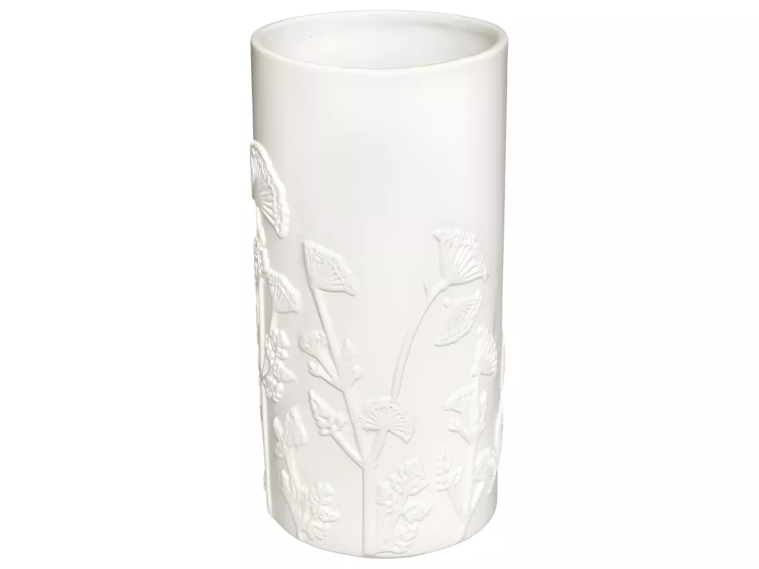 Vase en Céramique blanche Fleurs en relief D. 12 x H. 25 cm
