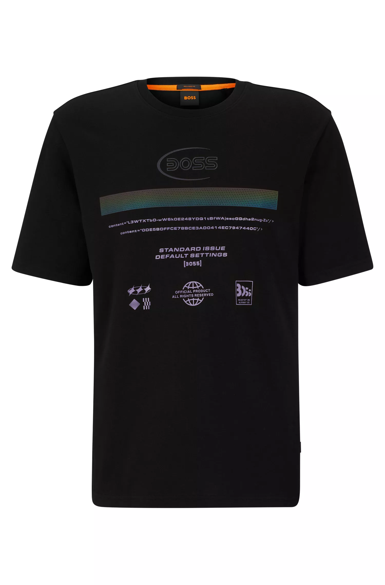 Camiseta BOSS laranja, modelagem relaxada, em malha de algodão com estampa sazonal.