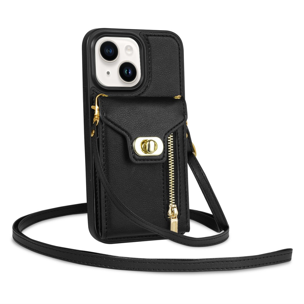 iPhone 15 Necklace Leder Schutz Hülle mit Kartenfächer   Handykette (120cm) - Schwarz