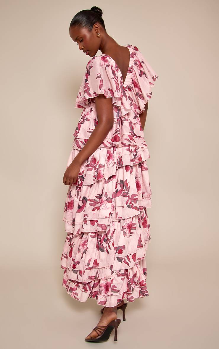 Rose Robe Maxi À Col V À Volants Extrêmes Imprimé Floral