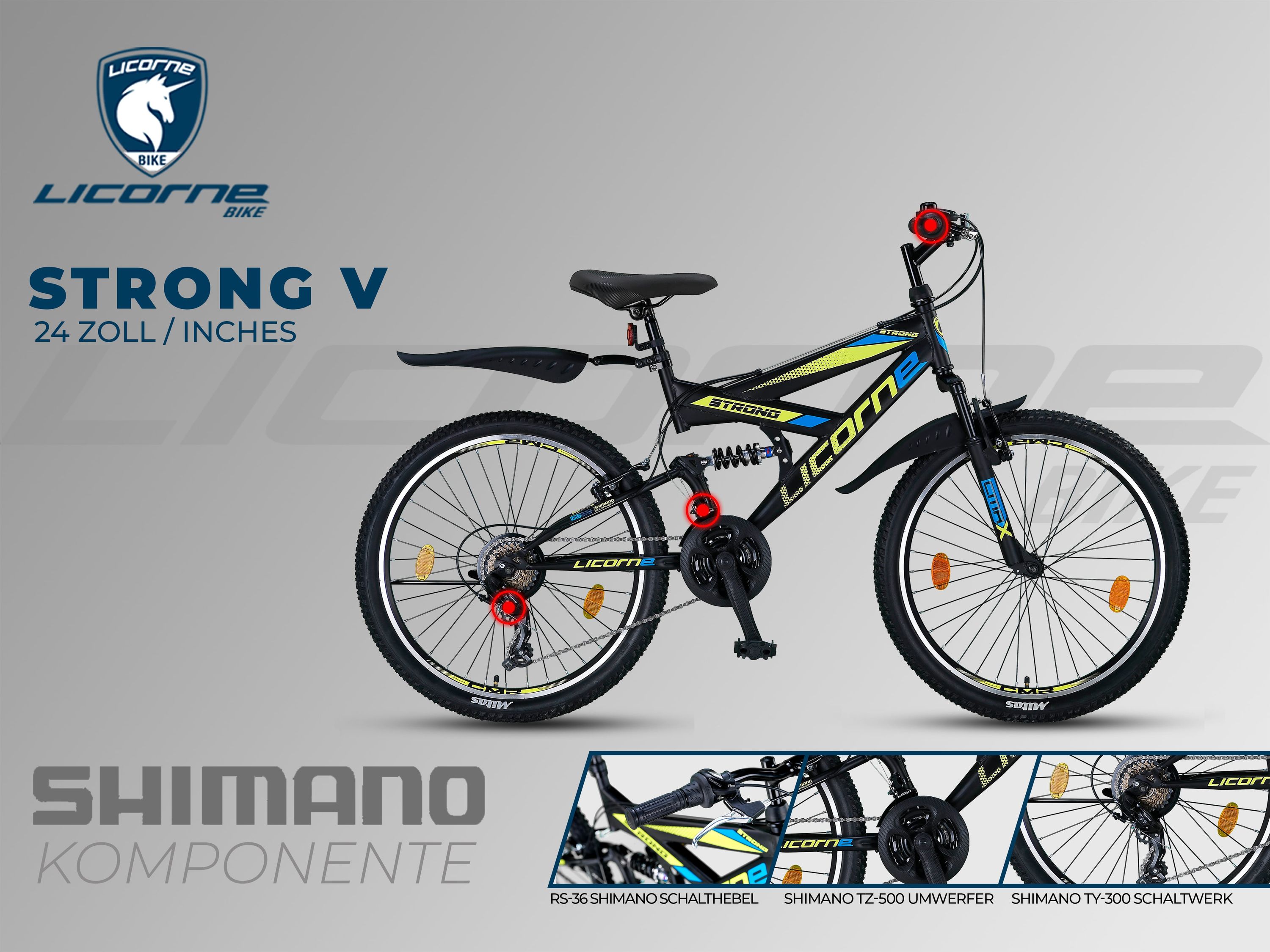 Licorne Bike Strong V Premium Mountainbike in 24 und 26 Zoll - Fahrrad für Jungen, Mädchen, Damen und Herren - Shimano 21 Gang-Schaltung - Vollfederung