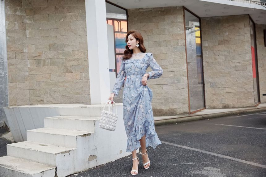 Doowex - Midi-jurk met lange mouwen en bloemenprint van chiffon