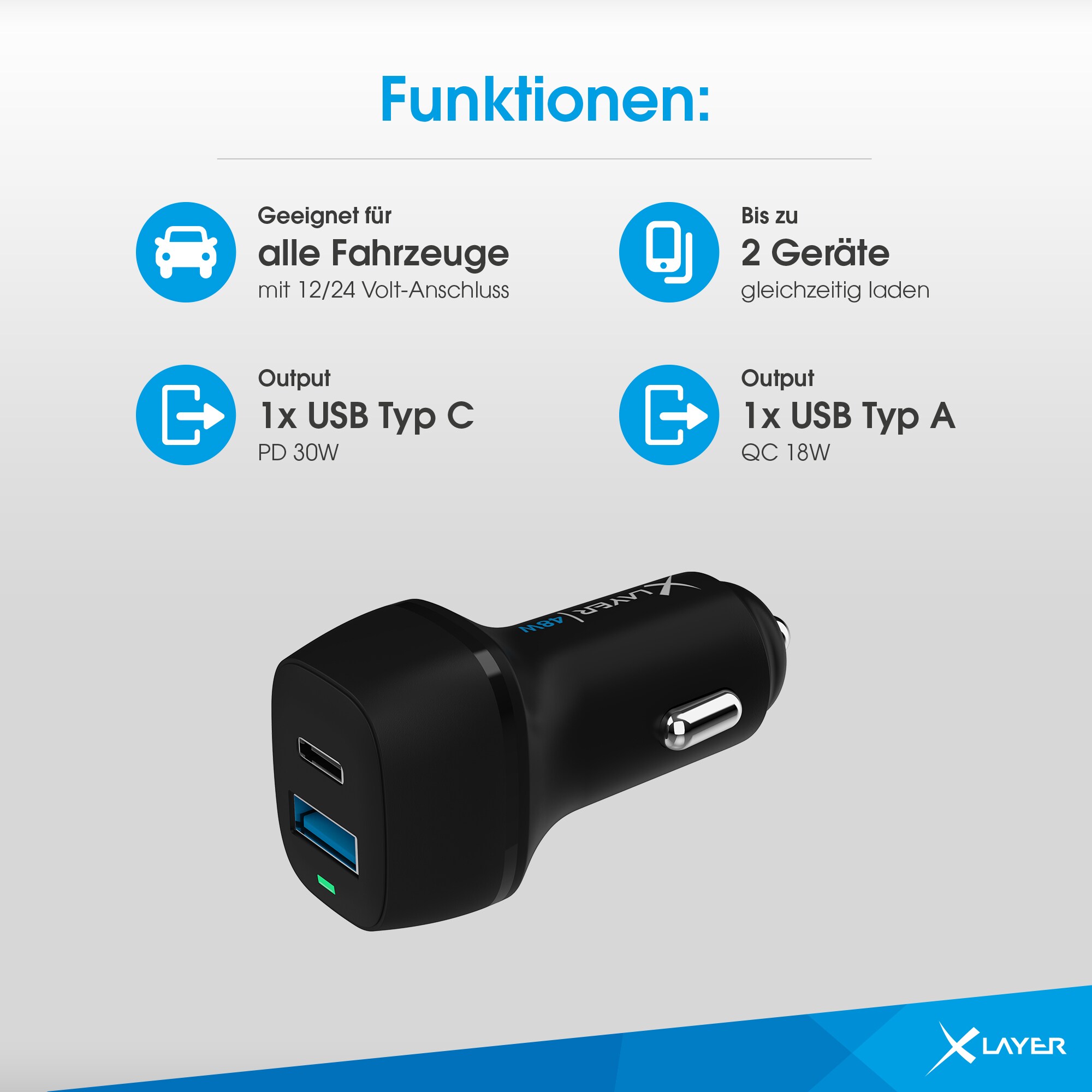 Xlayer Charger Kfz-Ladegerät USB-C PD 48W,USB QC3.0 18W Dual Adapter Schnellladegerät