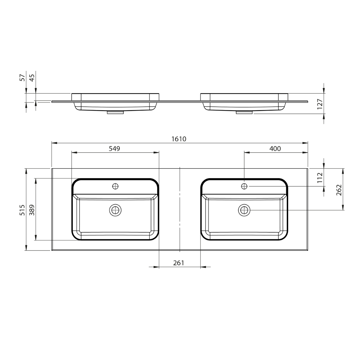 Sapho Brahea dubbele wastafel 160x50cm solid surface wit mat met brede rand en kraangat