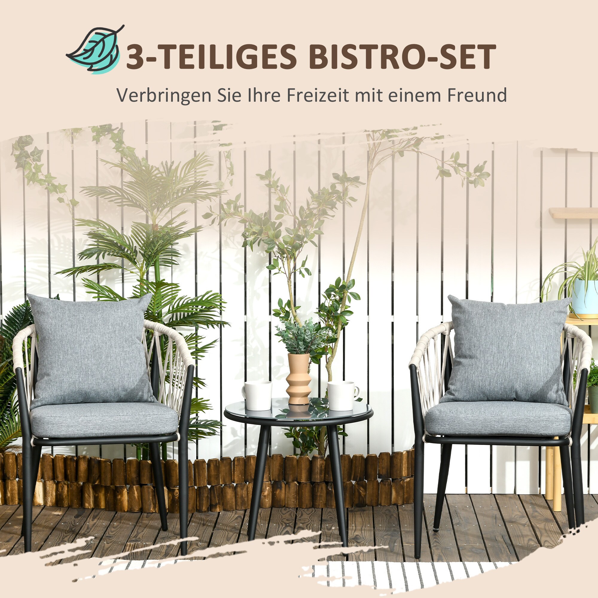 Outsunny Bistro-Set mit Sitzkissen grau 57L x 60B x 75H cm