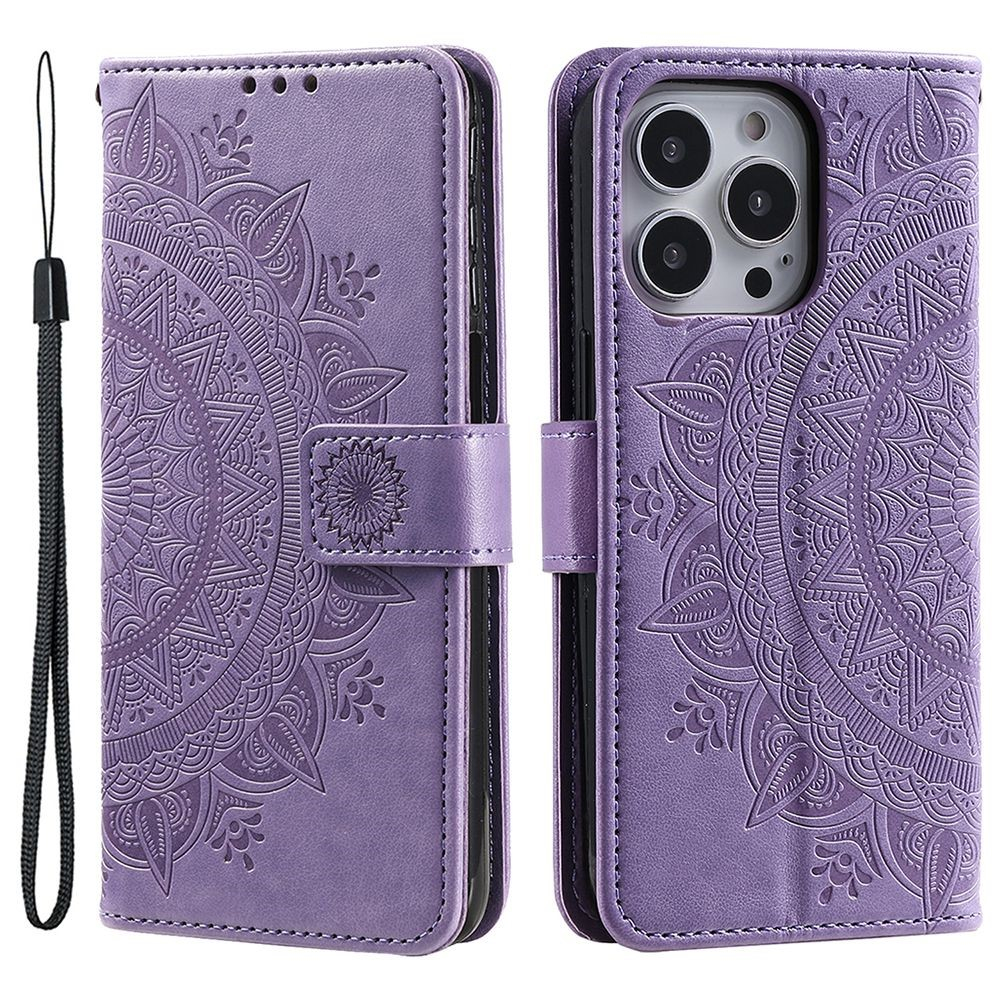iPhone 14 Pro Max Leder Tasche Wallet - Mandala Flowers Imprint - Lila
