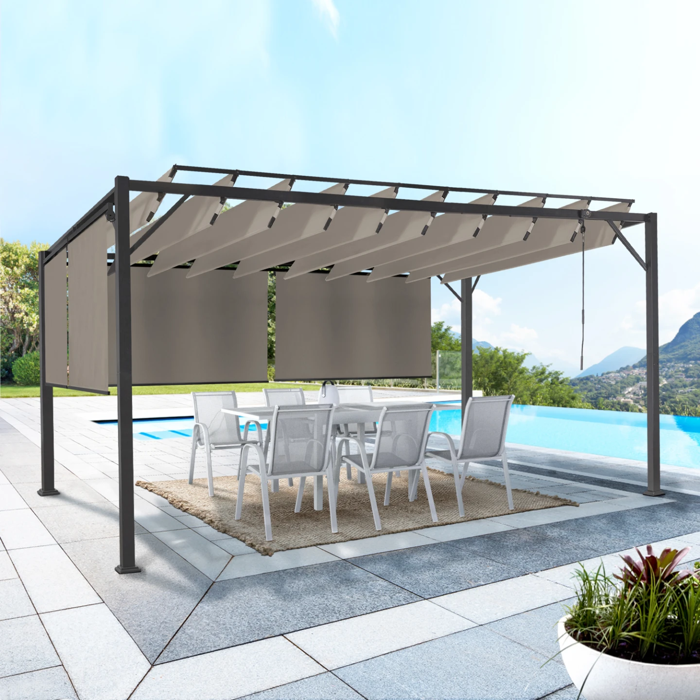 Pergola édition luxe lames orientables 3x4 M et 4 stores taupe