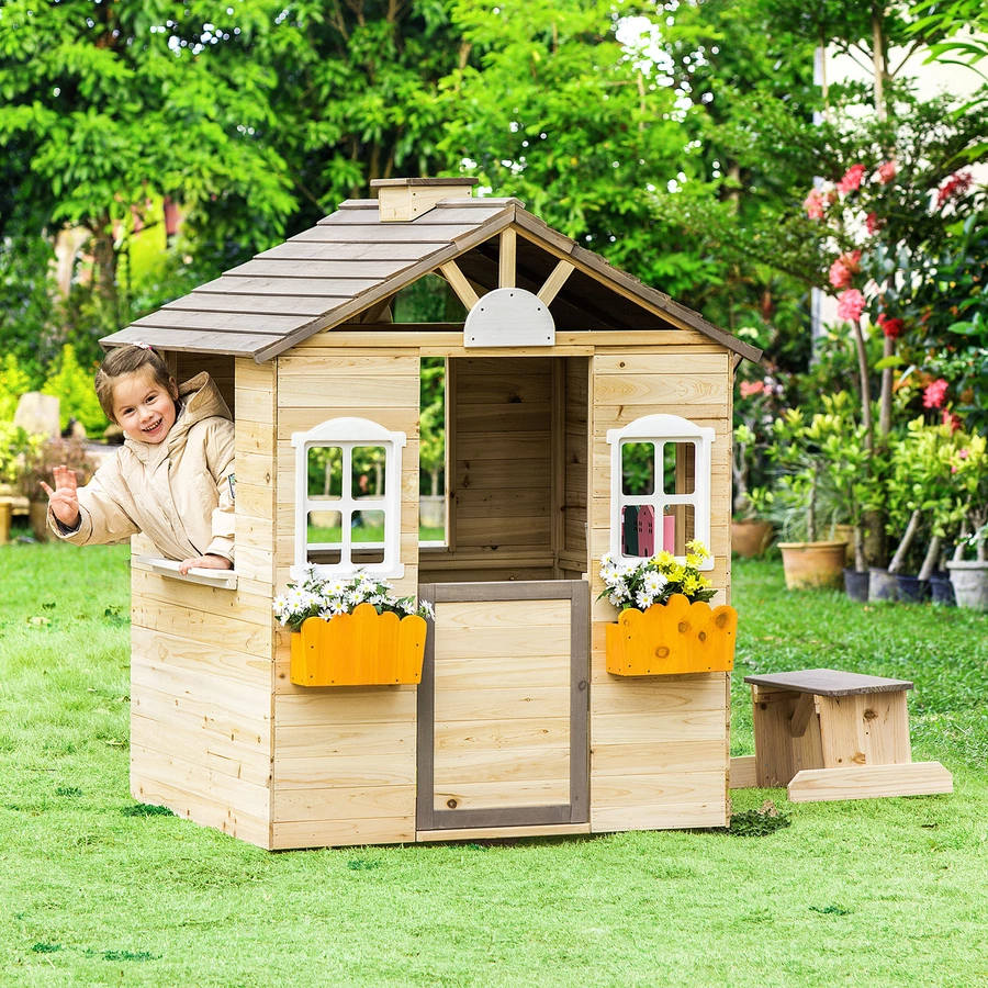 Outsunny Kinderspielhaus mit Blumentopfhalter bunt